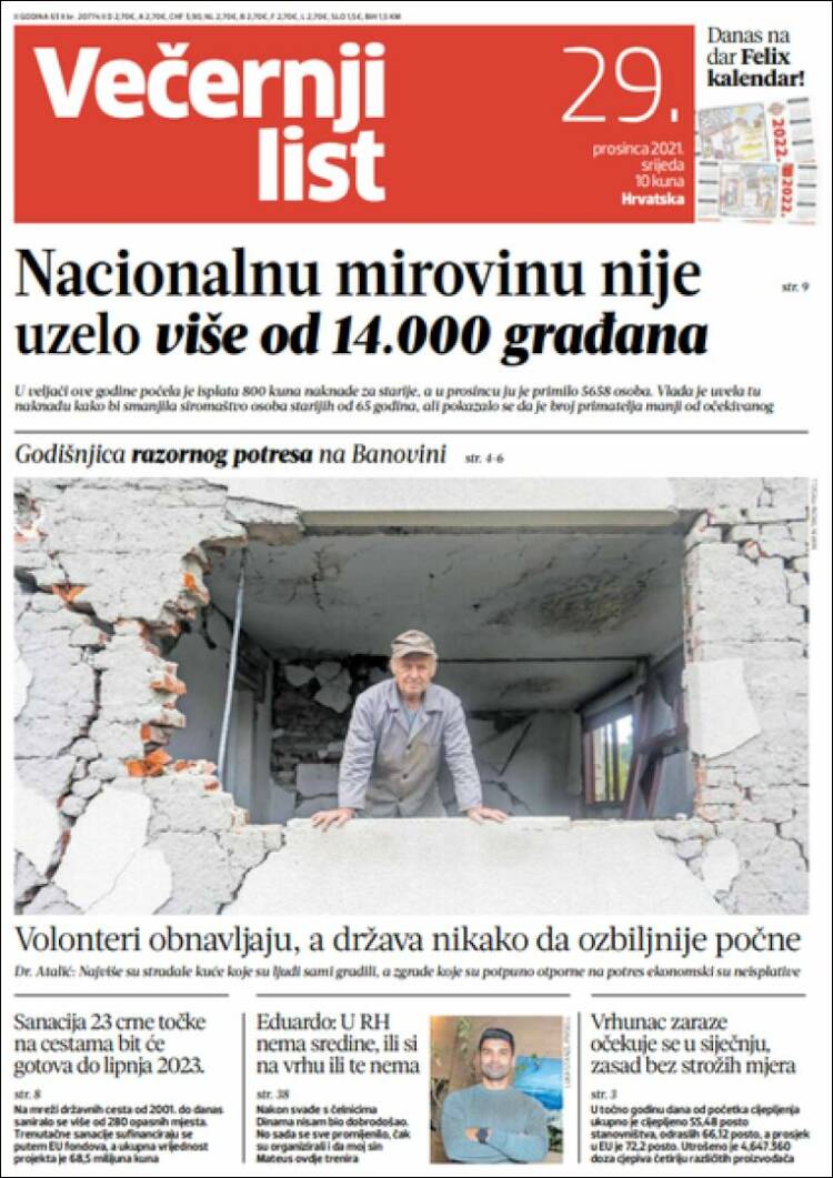 Portada de Večernji (Croacia)