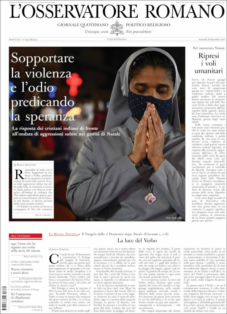 Portada de L'Osservatore Romano (Italia)