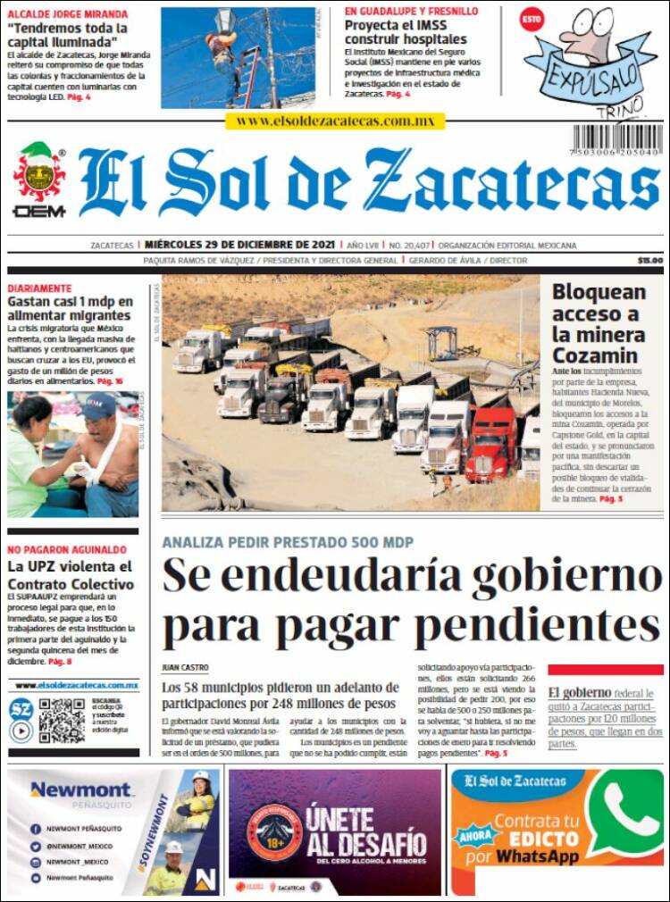 Portada de El Sol de Zacatecas (M&eacute;xico)