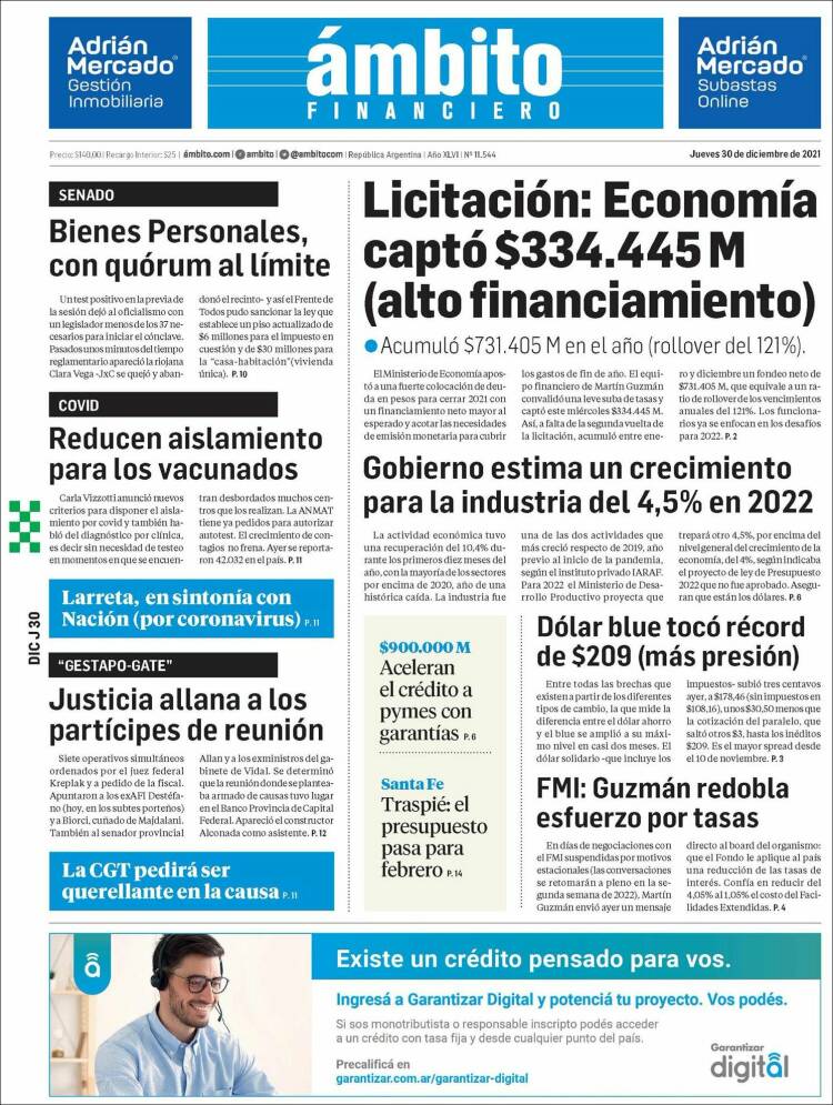 Portada de Diario Ambito Financiero (Argentina)