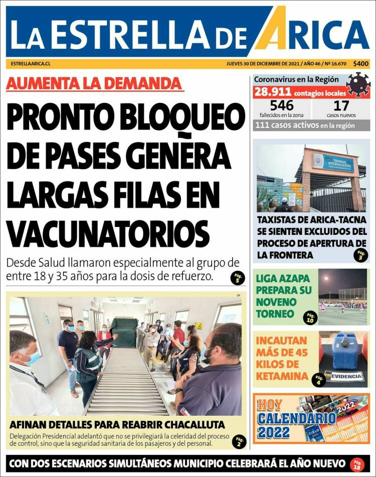 Portada de La Estrella de Arica (Chile)