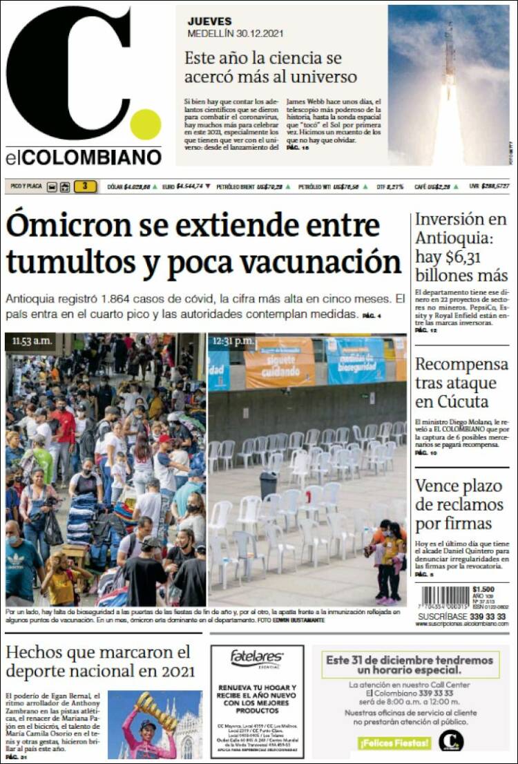 Portada de El Colombiano (Colombia)