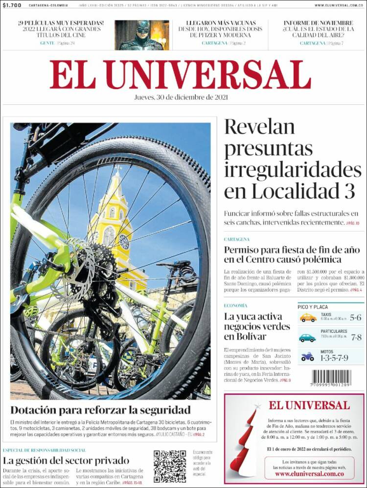 Portada de El Universal (Colombia)