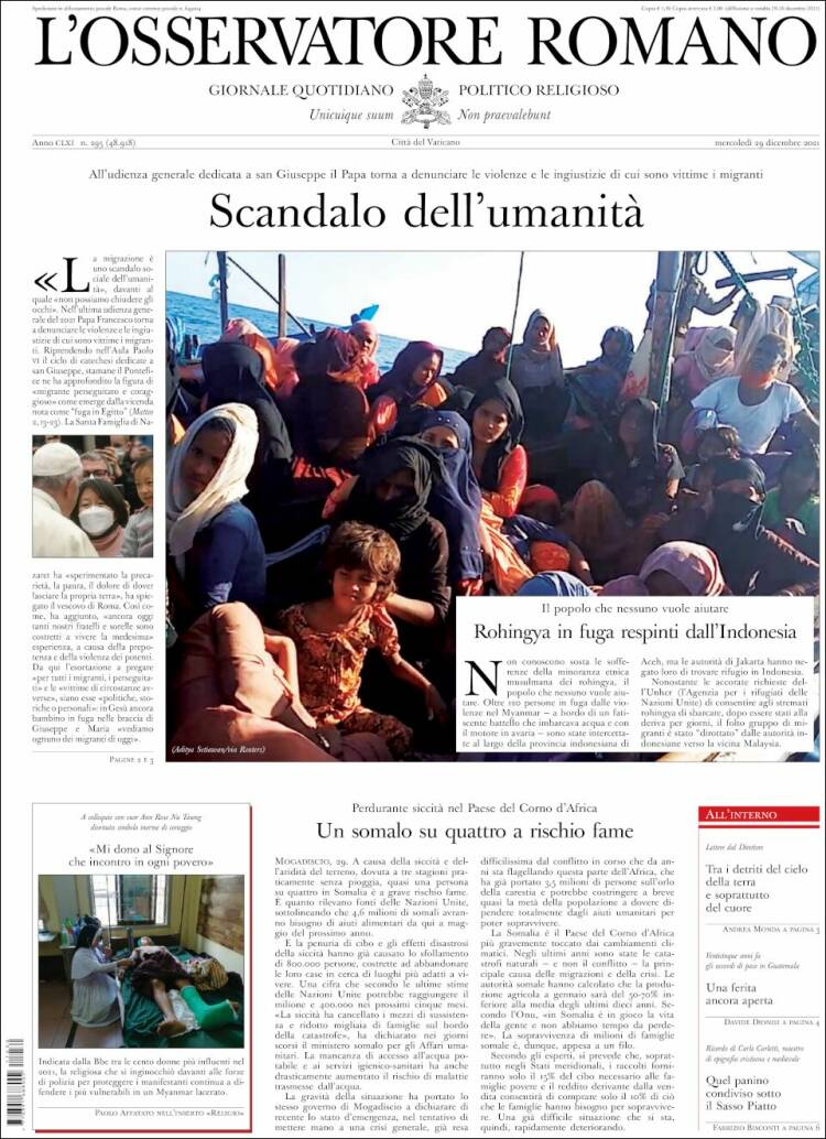 Portada de L'Osservatore Romano (Italia)