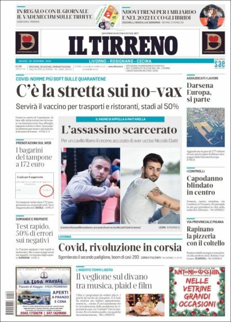Portada de Il Tirreno (Italia)