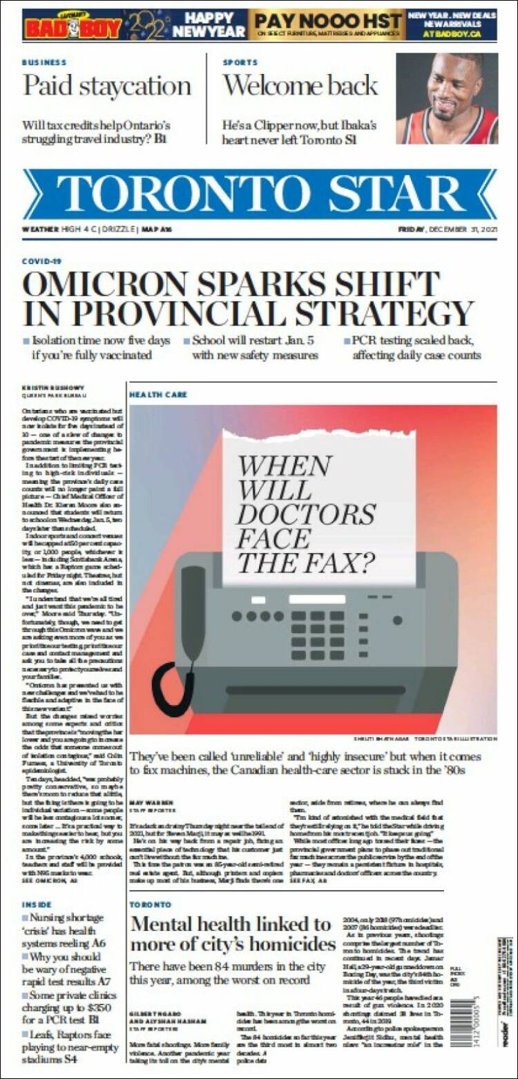 Portada de The Toronto Star (Canadá)