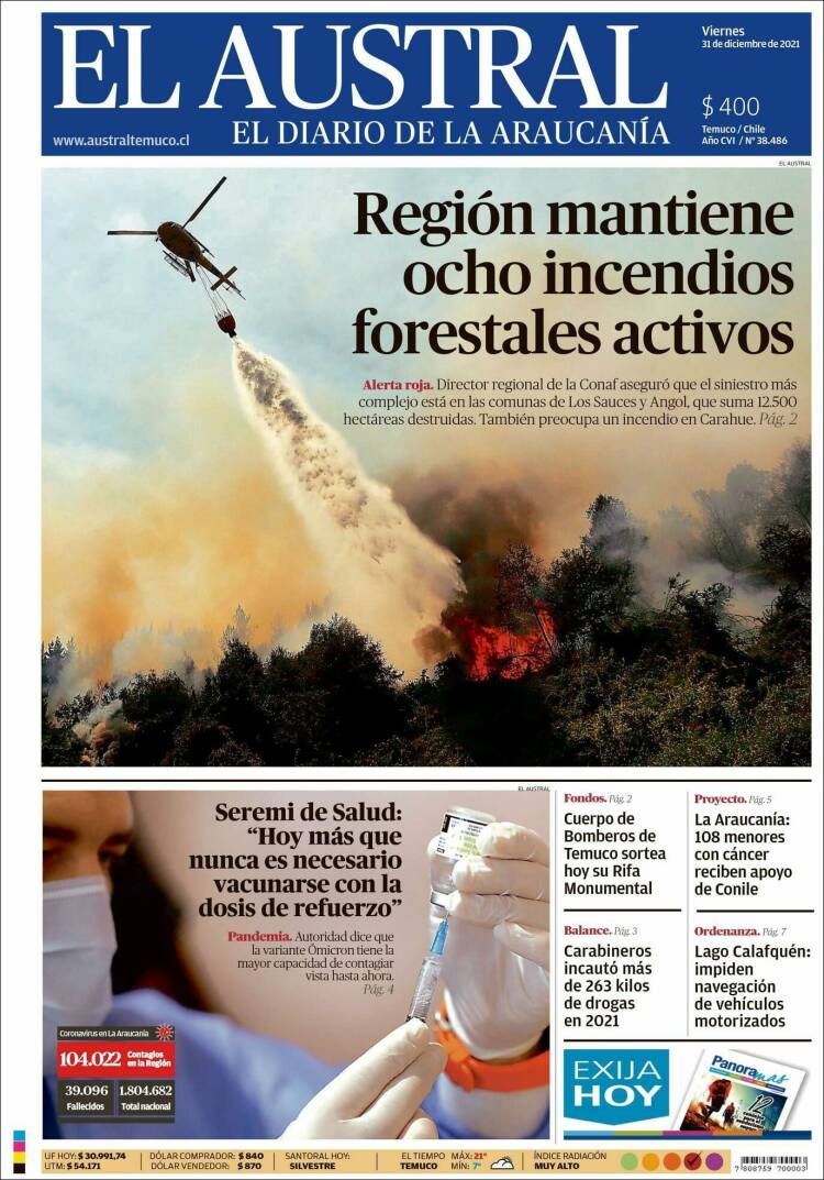 Portada de El Austral de Temuco (Chile)