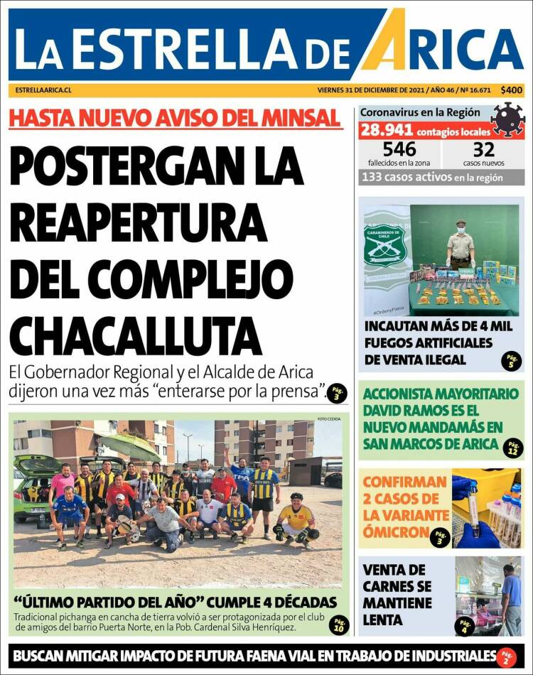 Portada de La Estrella de Arica (Chile)