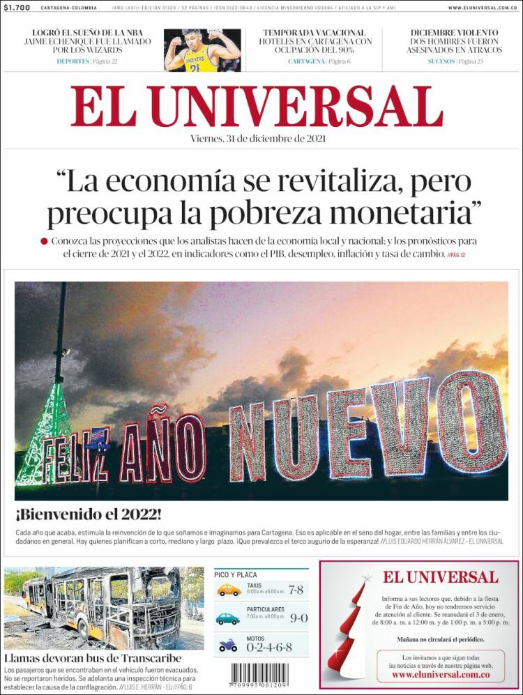 Portada de El Universal (Colombia)