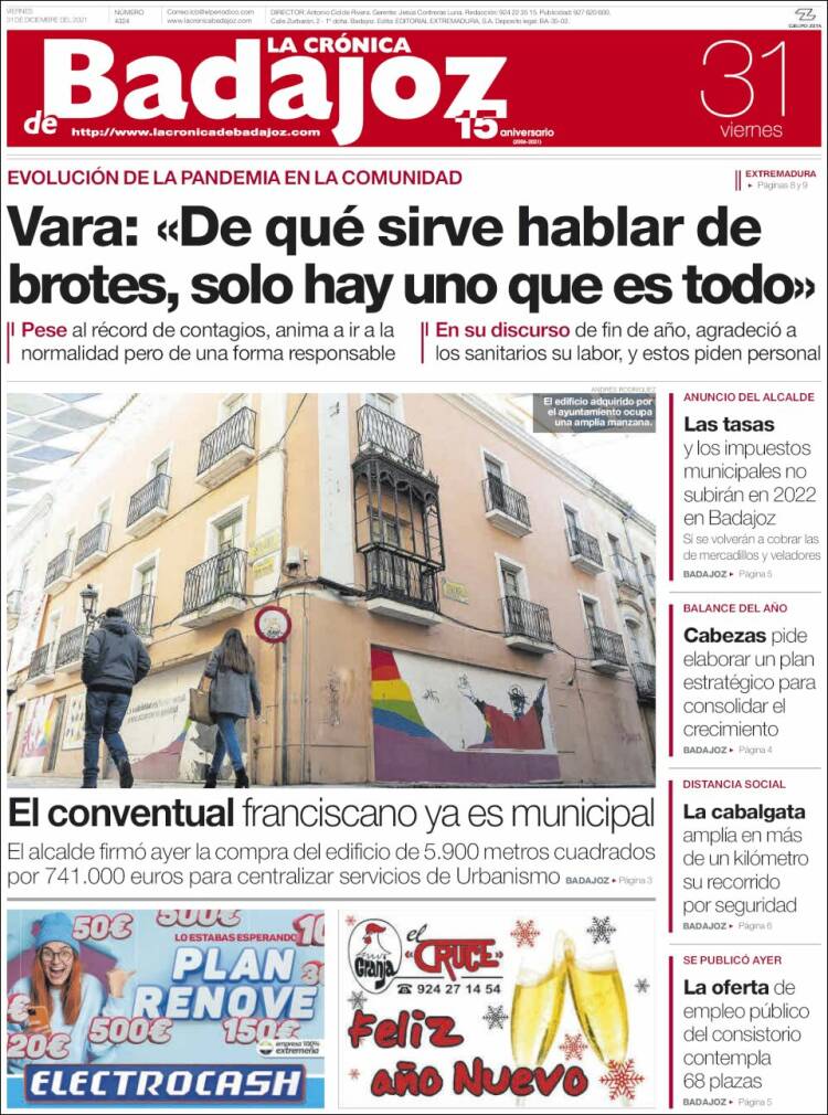 Portada de La Crónica de Badajoz (España)