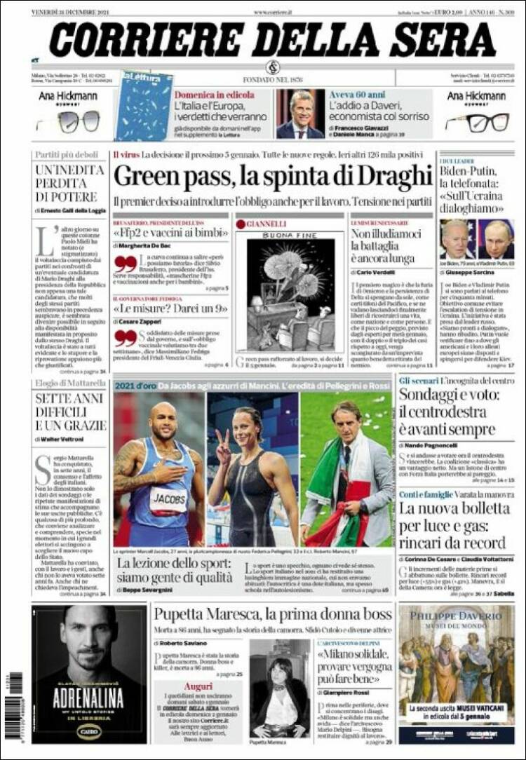 Portada de Corriere della Sera (Italia)