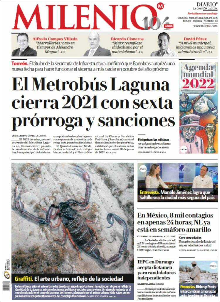 Portada de Milenio - Laguna (México)