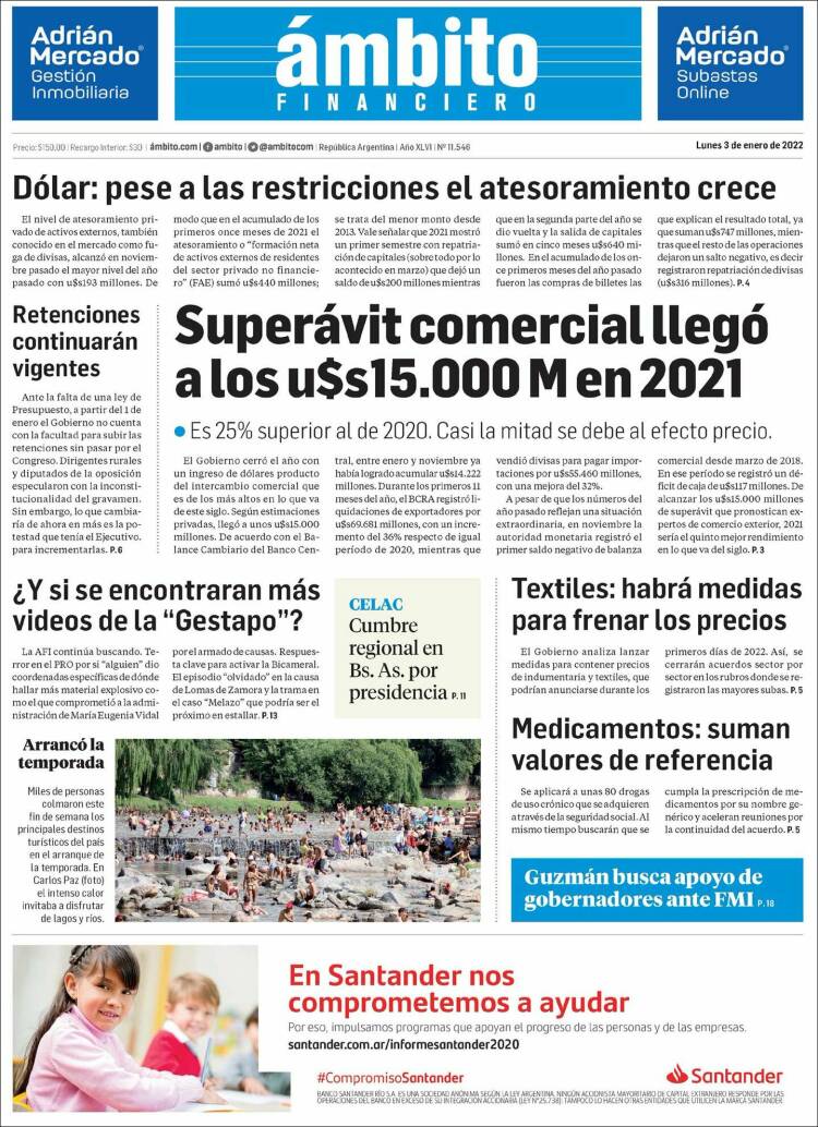 Portada de Diario Ambito Financiero (Argentina)