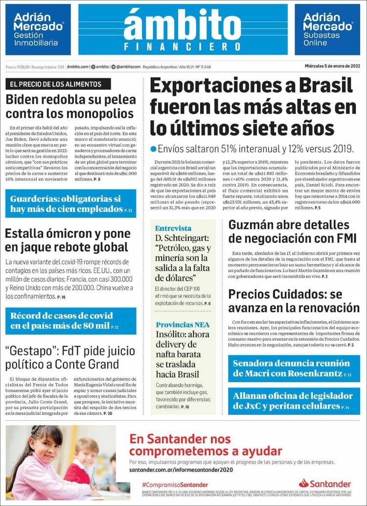 Portada de Diario Ambito Financiero (Argentina)