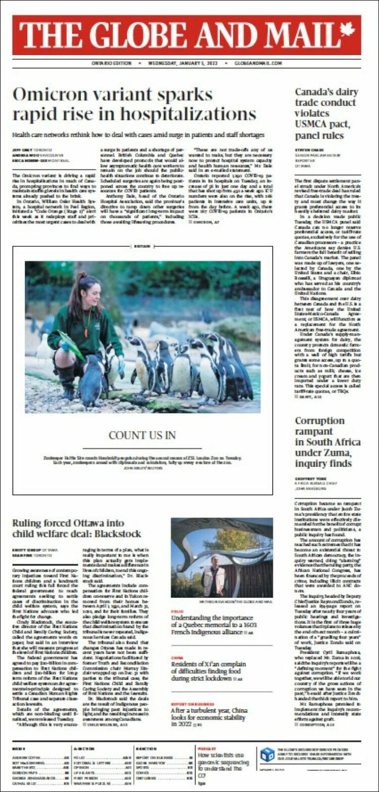 Portada de The Globe and Mail (Canad&aacute;)