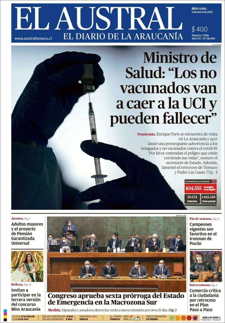 Portada de El Austral de Temuco (Chile)
