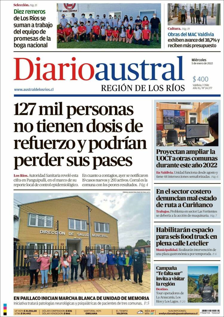 Portada de El Diario Austral de Valdivia (Chile)