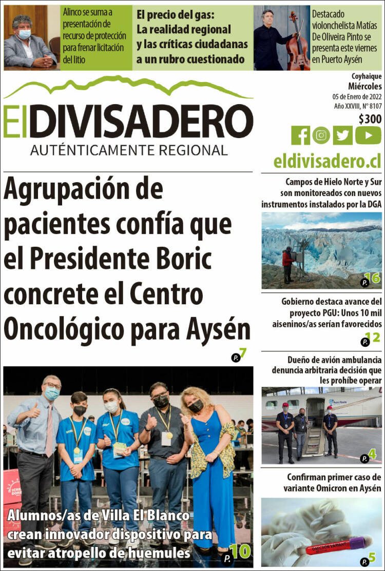Portada de Diario El Divisadero (Chile)