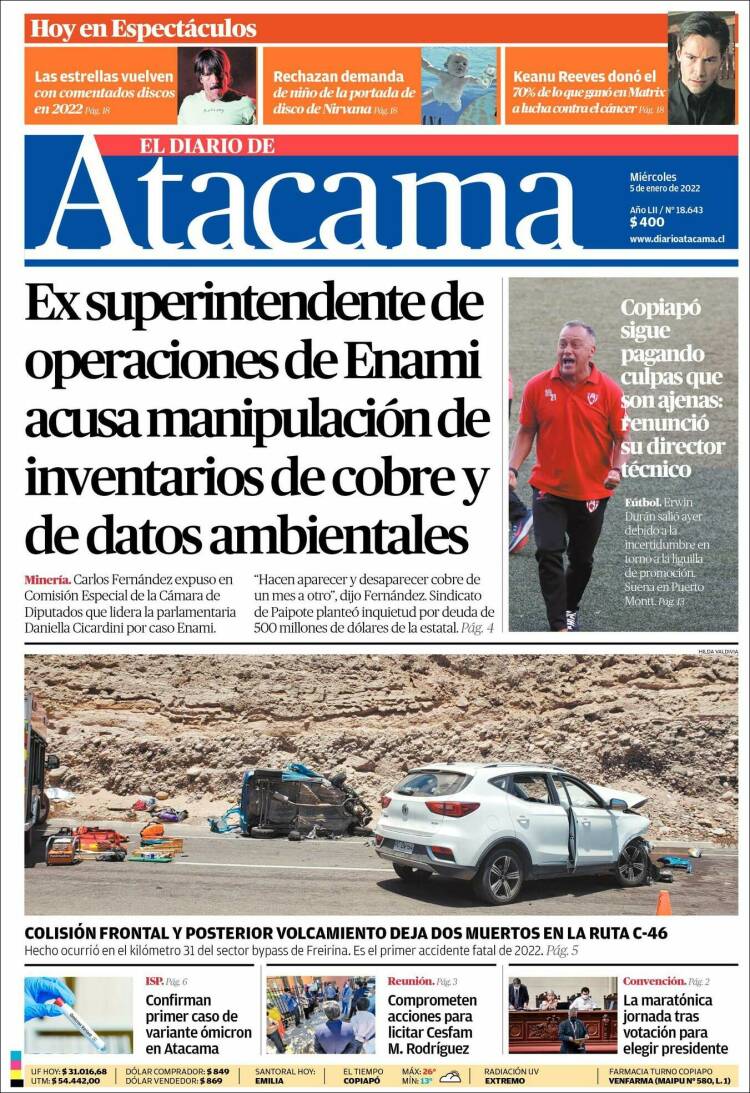 Portada de Diario de Atacama (Chile)
