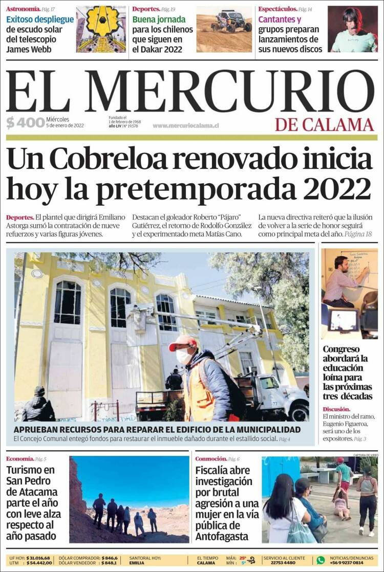 Portada de El Mercurio - Calama (Chile)