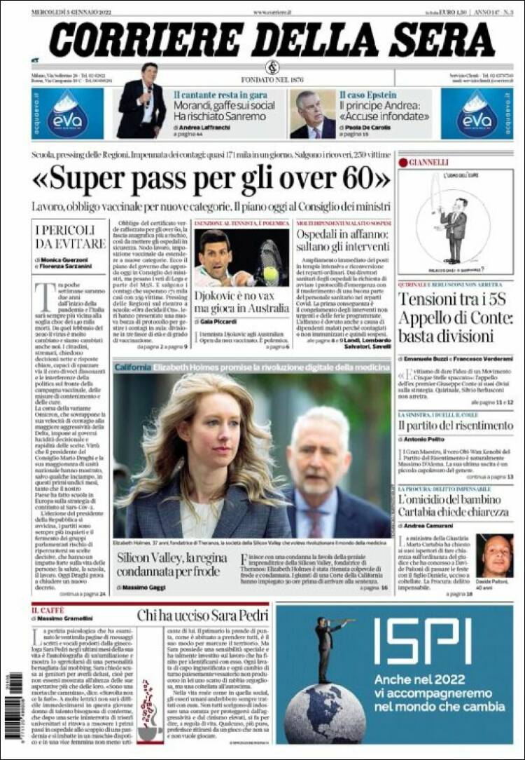 Portada de Corriere della Sera (Italia)
