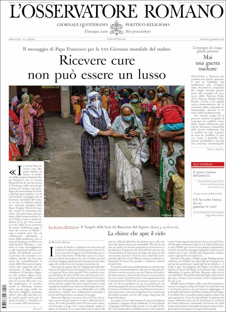 Portada de L'Osservatore Romano (Italia)