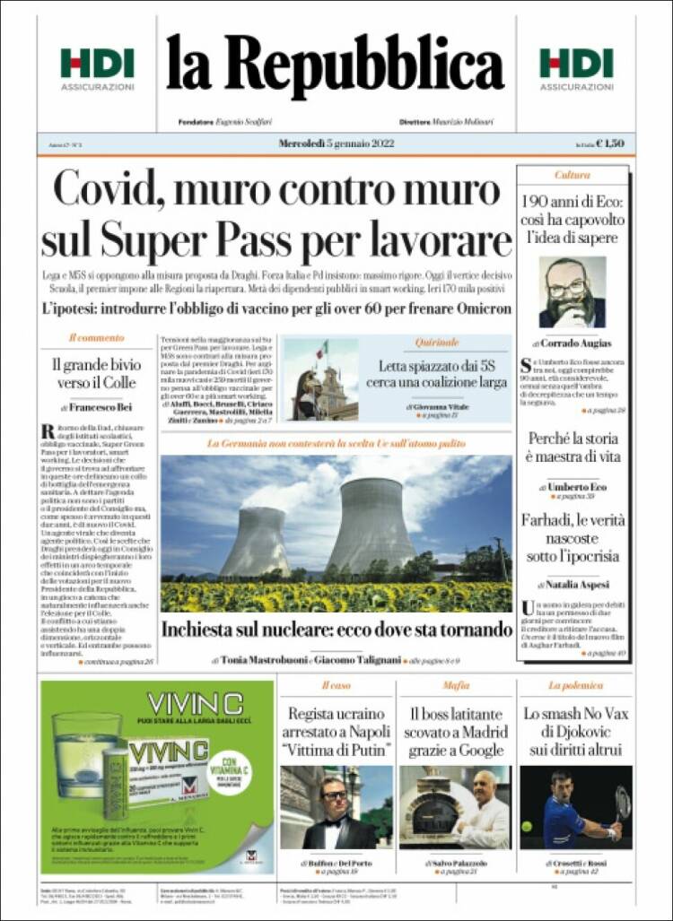 Portada de La Repubblica (Italia)