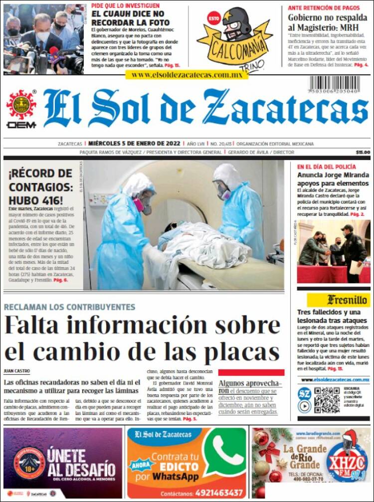 Portada de El Sol de Zacatecas (M&eacute;xico)