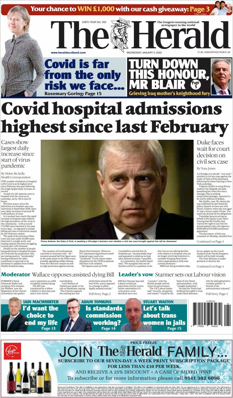 Portada de The Herald (Reino Unido)