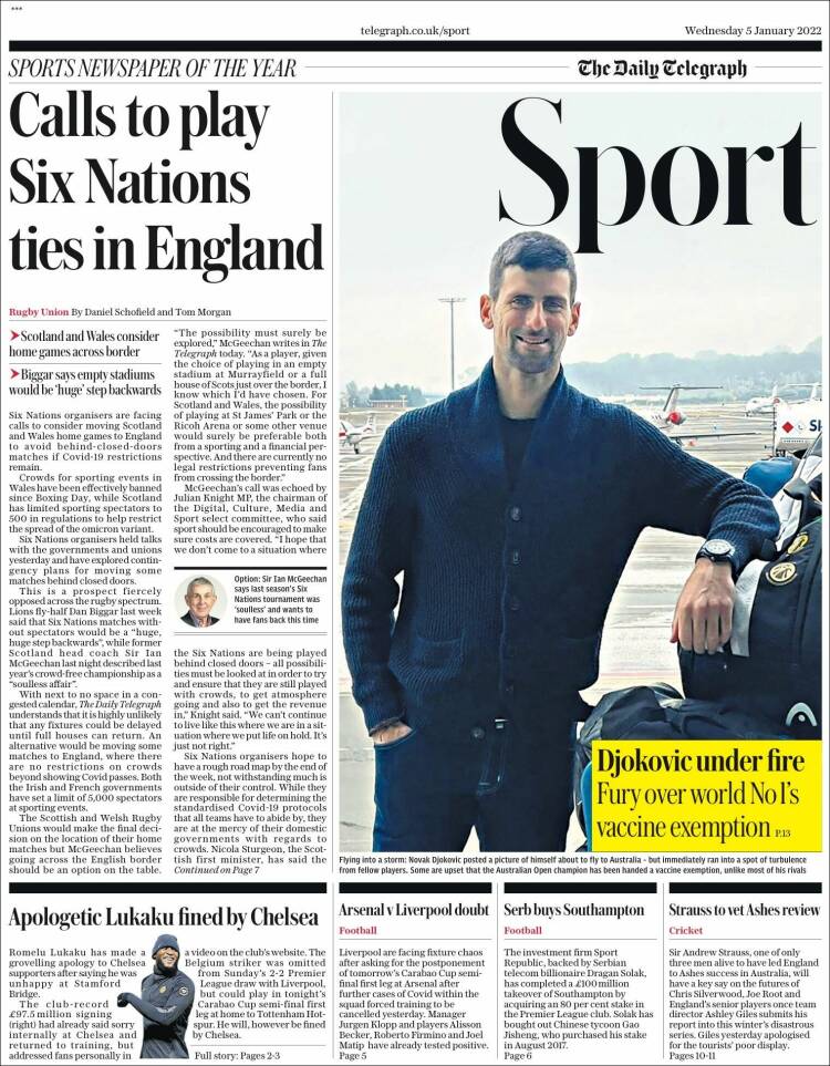 Portada de Telegraph Sport (Reino Unido)