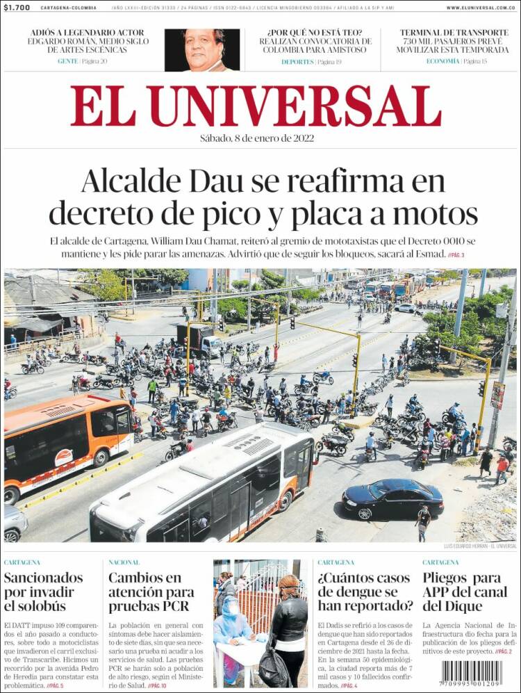 Portada de El Universal (Colombia)