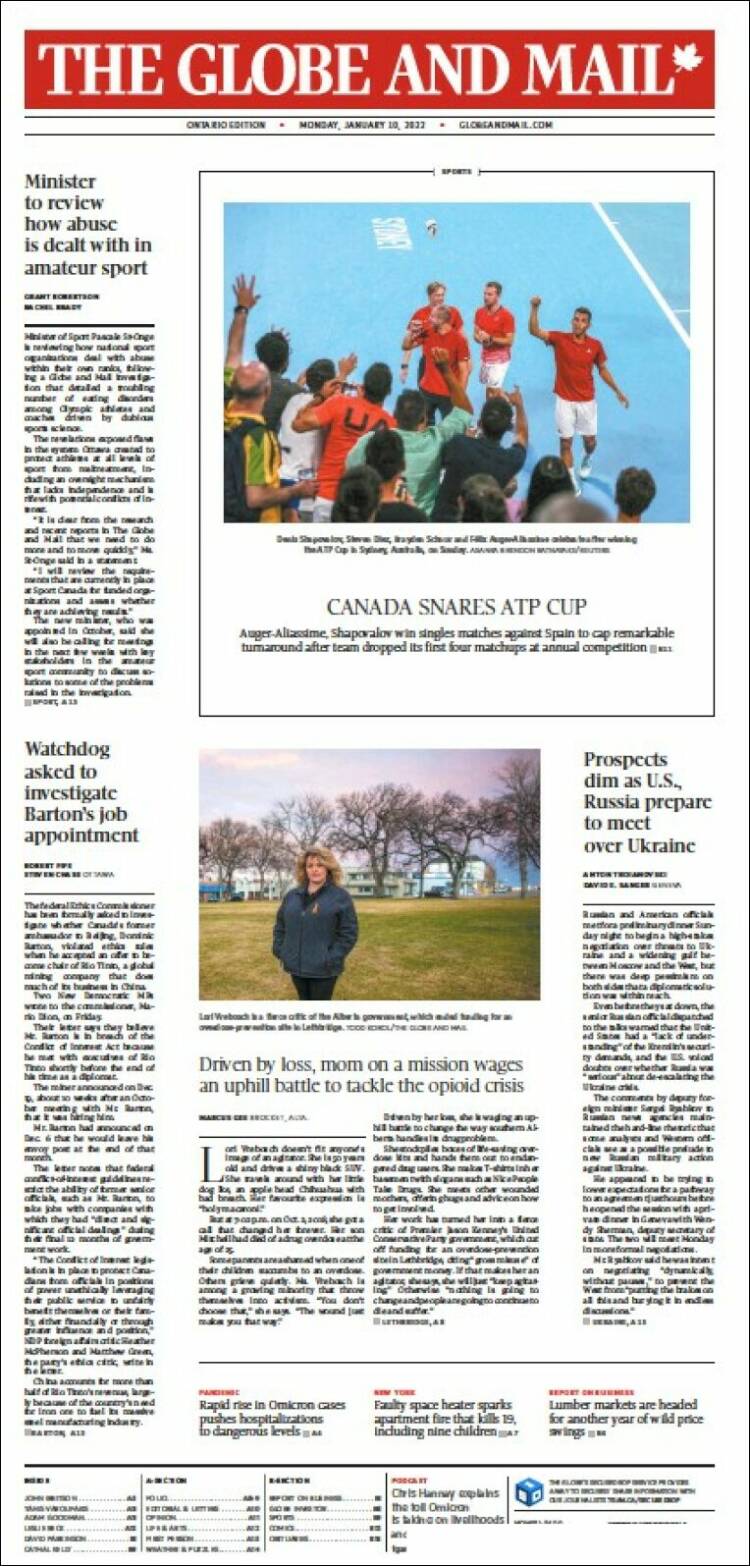 Portada de The Globe and Mail (Canad&aacute;)