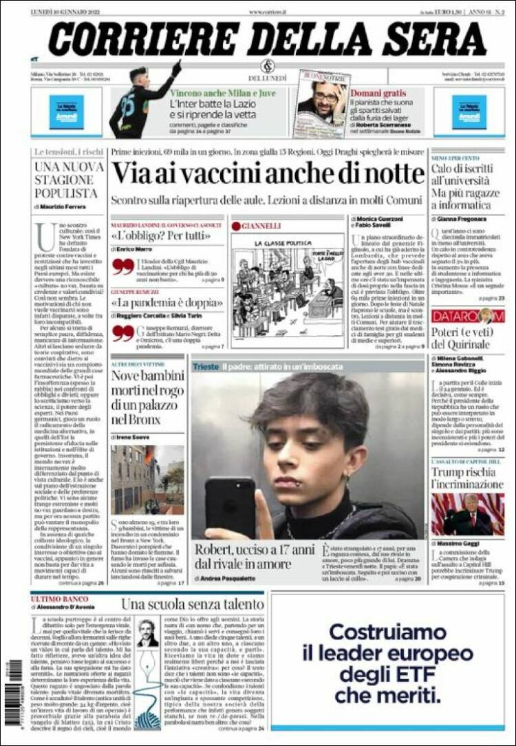 Portada de Corriere della Sera (Italia)