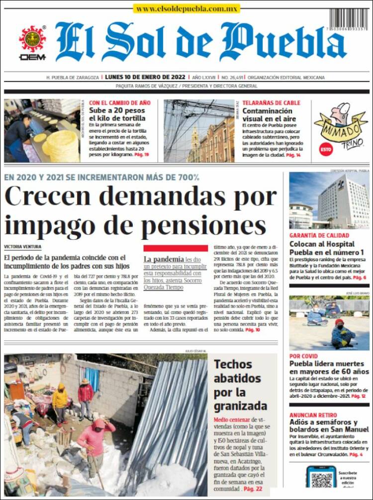 Portada de El Sol de Puebla (M&eacute;xico)