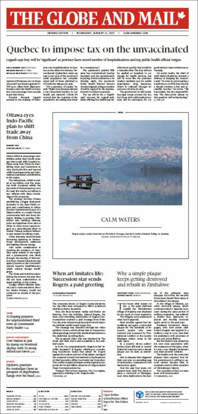 Portada de The Globe and Mail (Canadá)