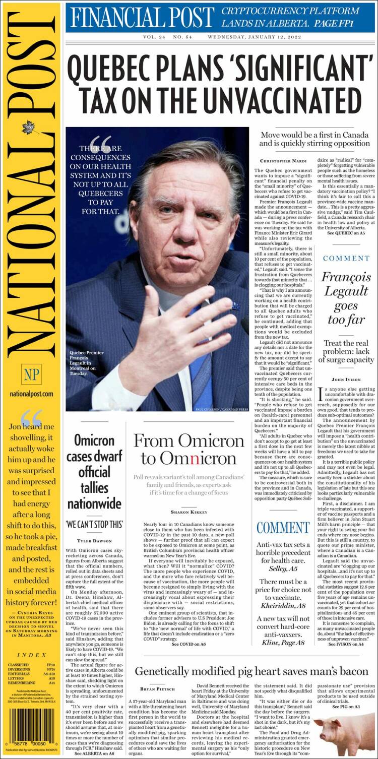 Portada de The National Post (Canadá)
