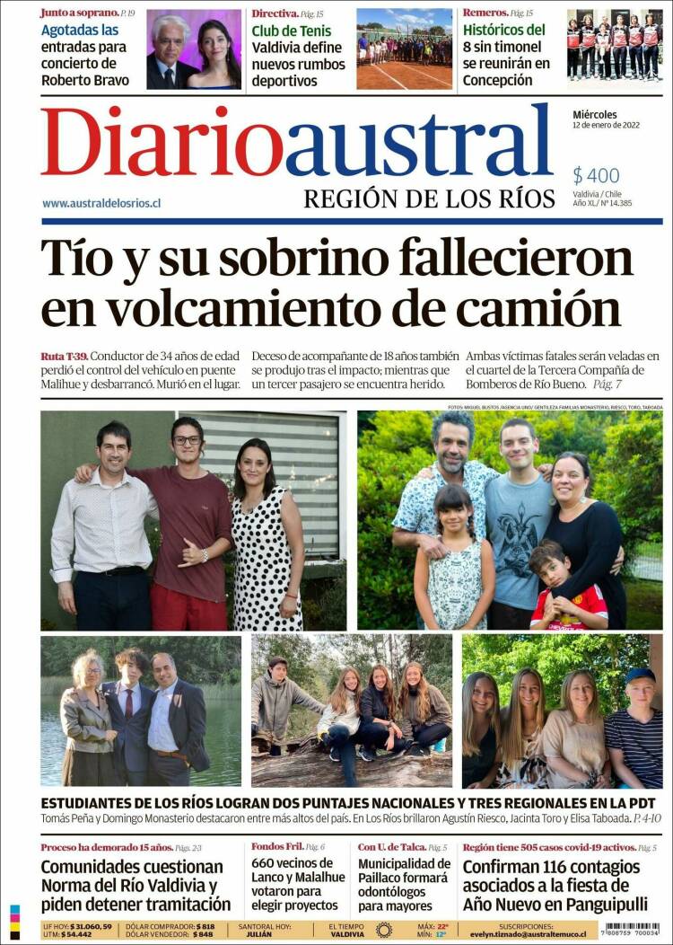 Portada de El Diario Austral de Valdivia (Chile)