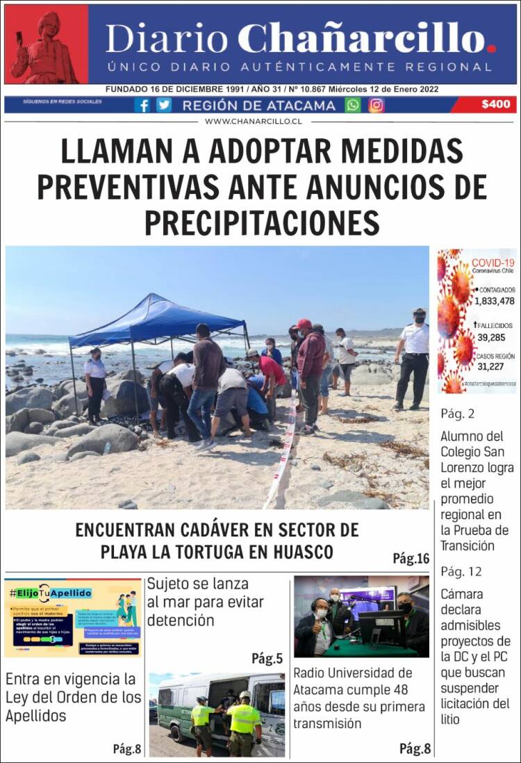 Portada de Diario Chañarcillo (Chile)