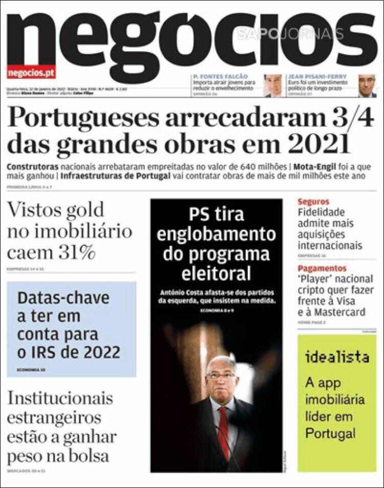 Portada de Jornal de Negócios (Portugal)