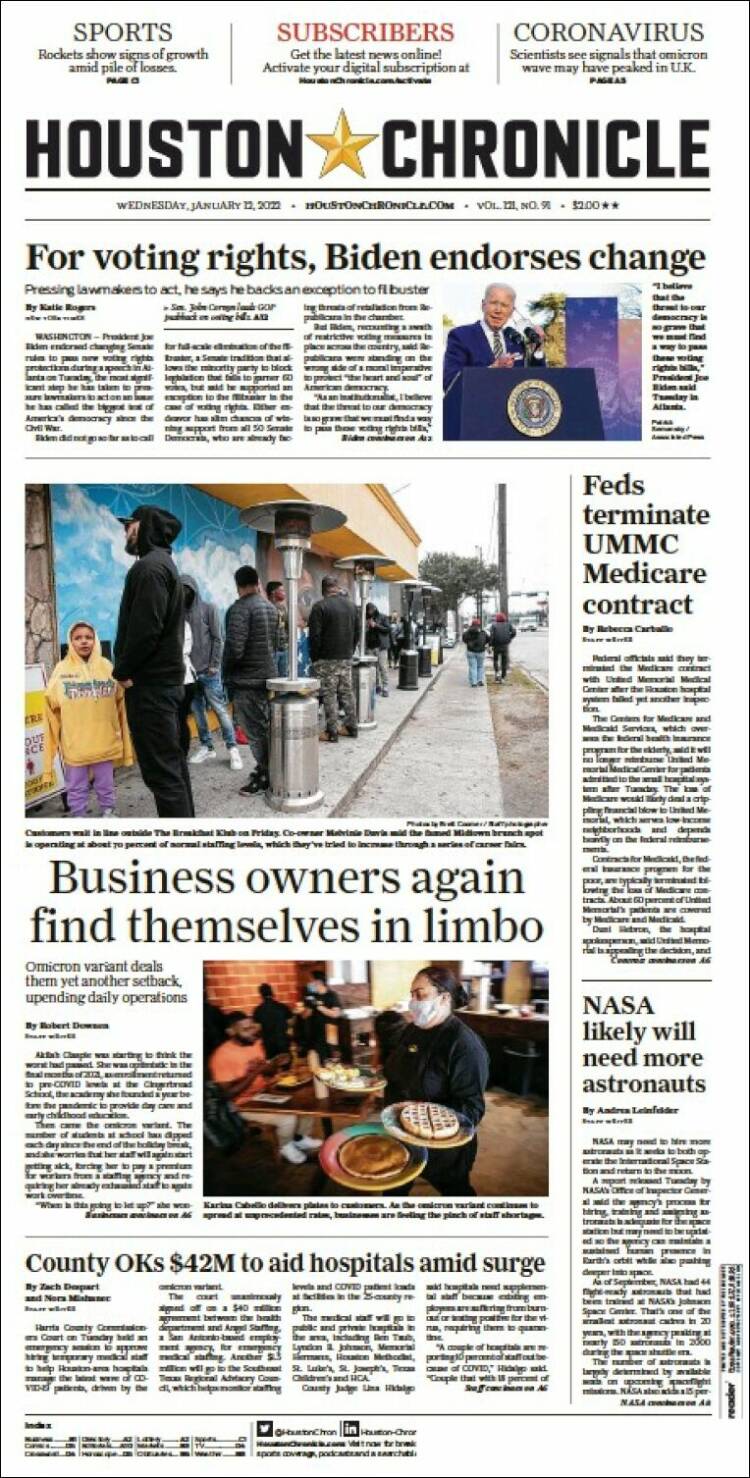 Portada de Houston Chronicle (USA)