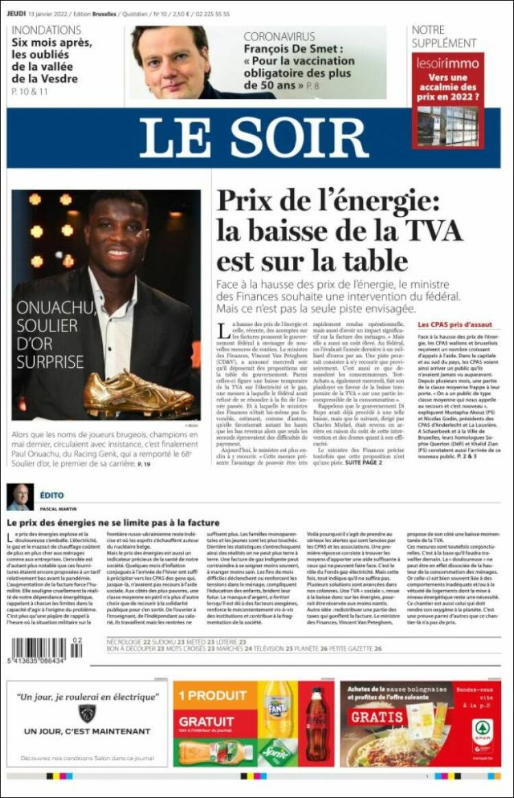 Portada de Le Soir (B&eacute;lgica)