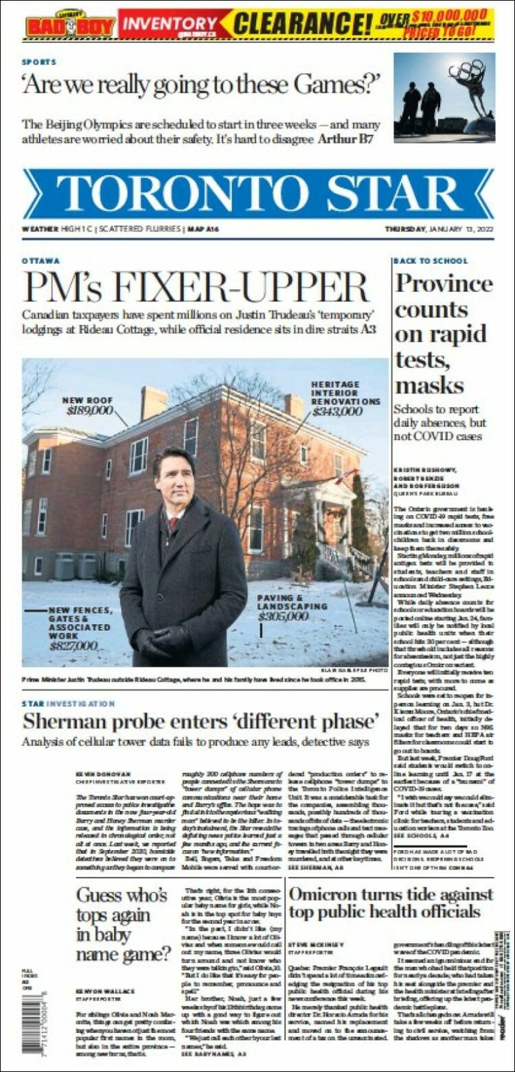 Portada de The Toronto Star (Canadá)