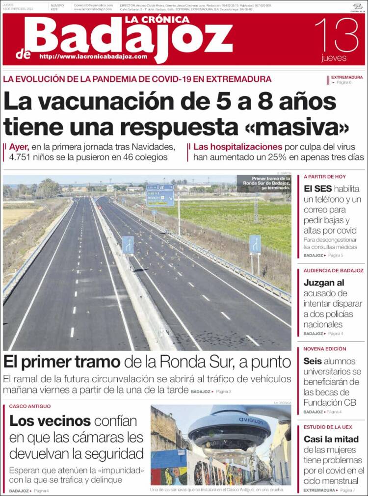 Portada de La Crónica de Badajoz (España)