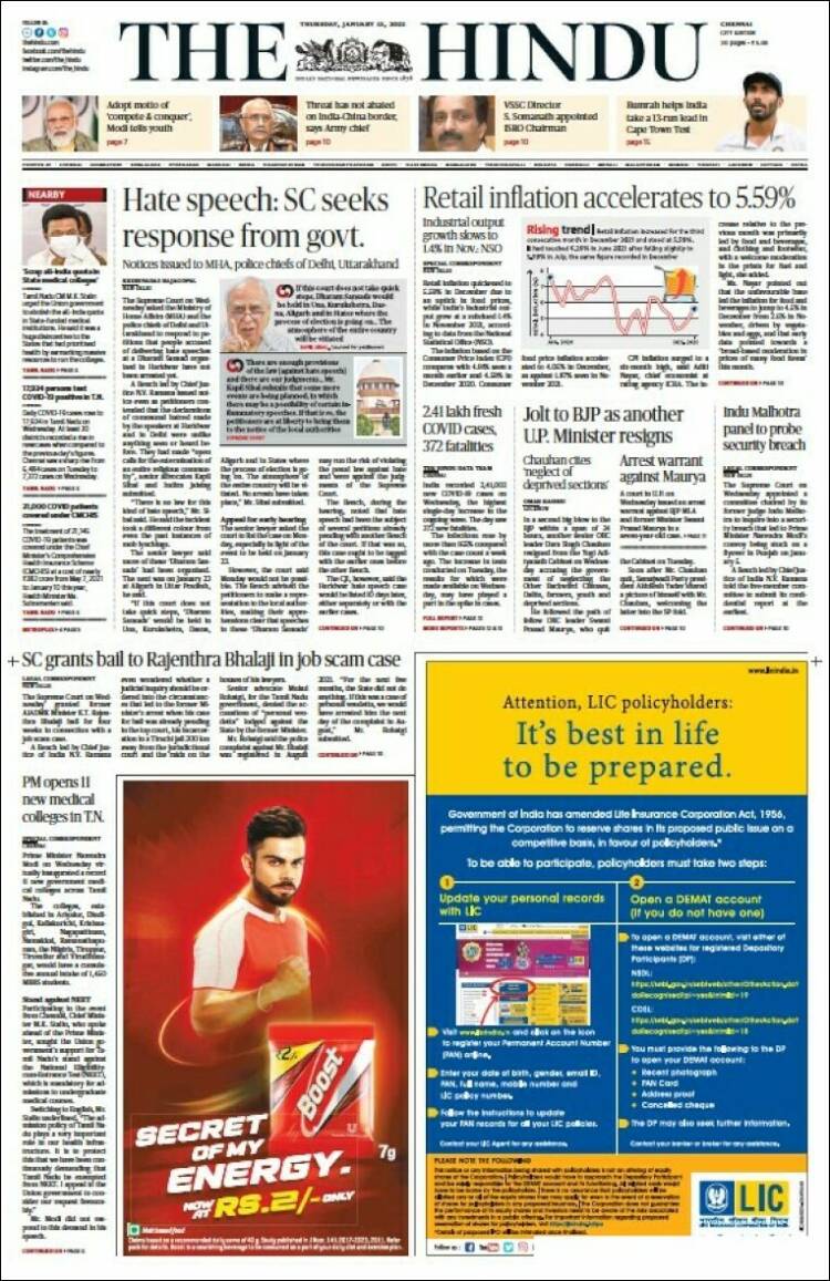 Portada de The Hindu (India)