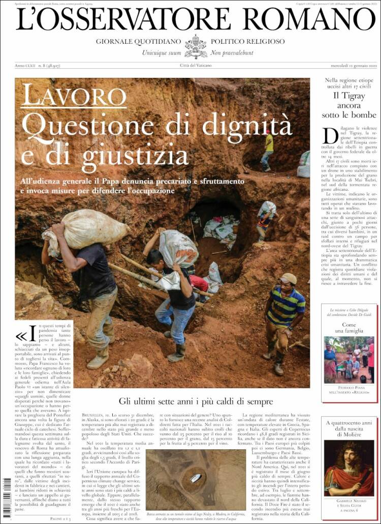 Portada de L'Osservatore Romano (Italia)