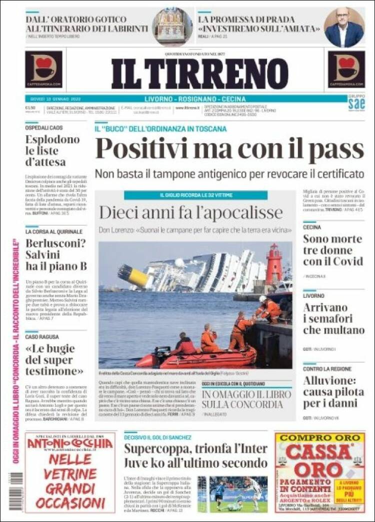 Portada de Il Tirreno (Italia)
