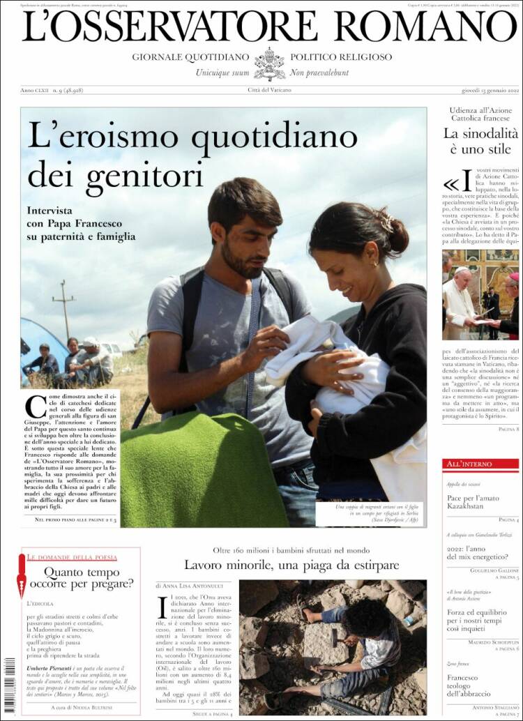 Portada de L'Osservatore Romano (Italia)