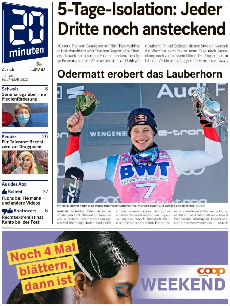 Portada de 20Minuten - Zürich (Suiza)