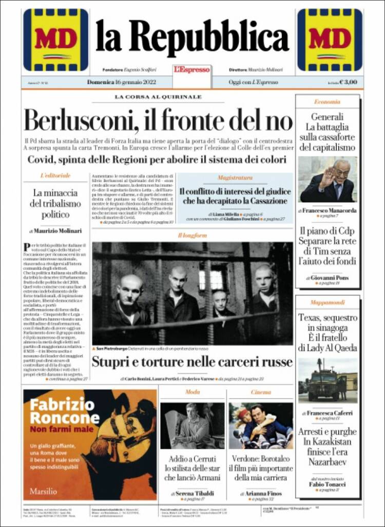 Portada de La Repubblica (Italia)