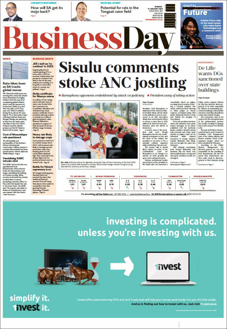 Portada de Business Day (Sud&aacute;frica)